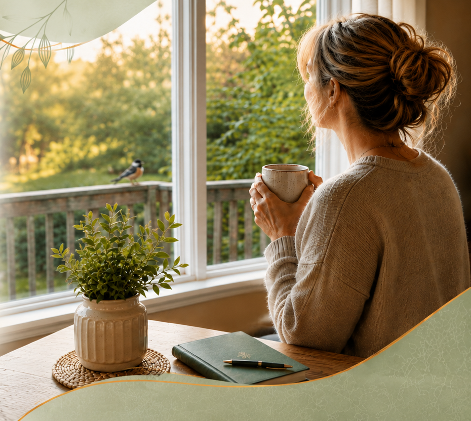 A woman relaxing with a warm drink by a sunlit window